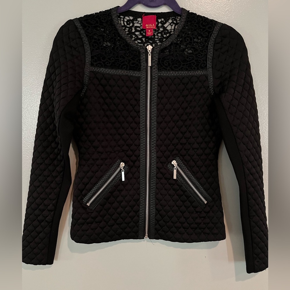 G.I.L.I. Lace & quilted Bomber jacket, black size 0.